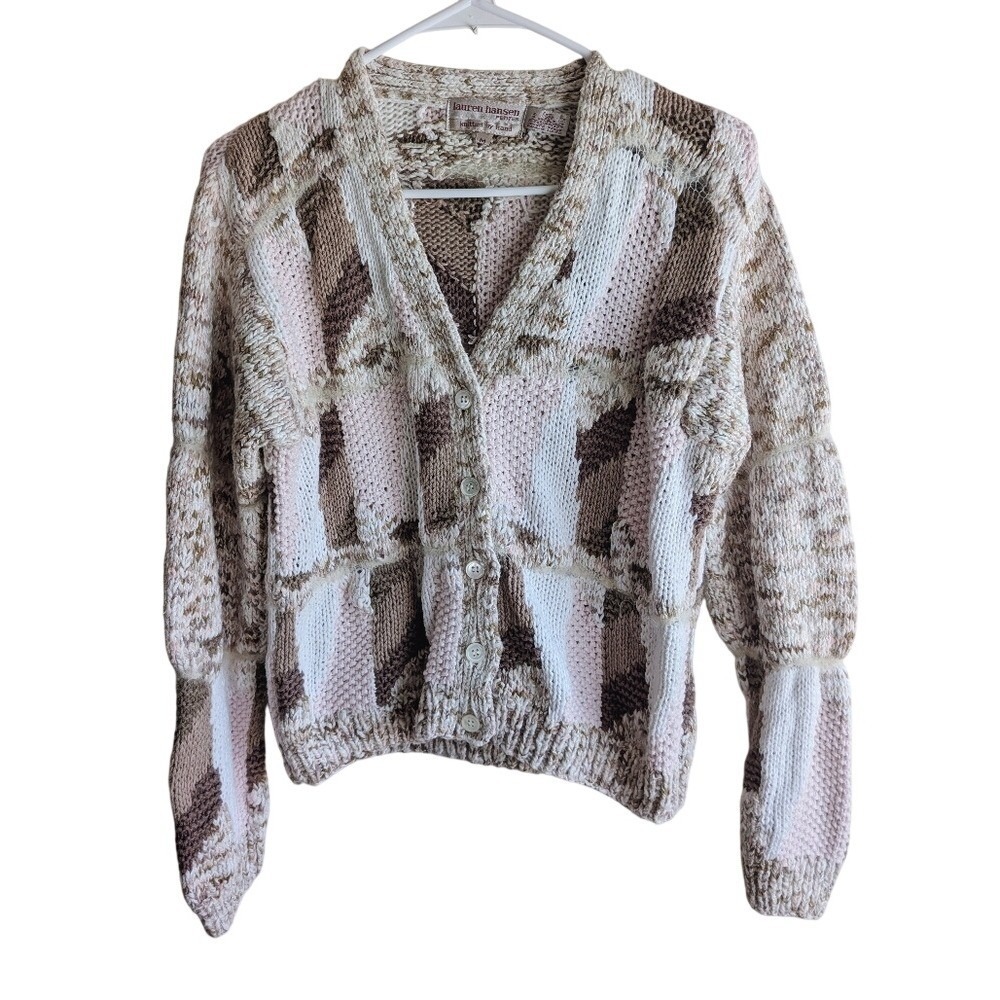 Vintage 80s Cabincore Fisherman Pastel Pink Patchwork Hand-Knit Cotton Cardigan